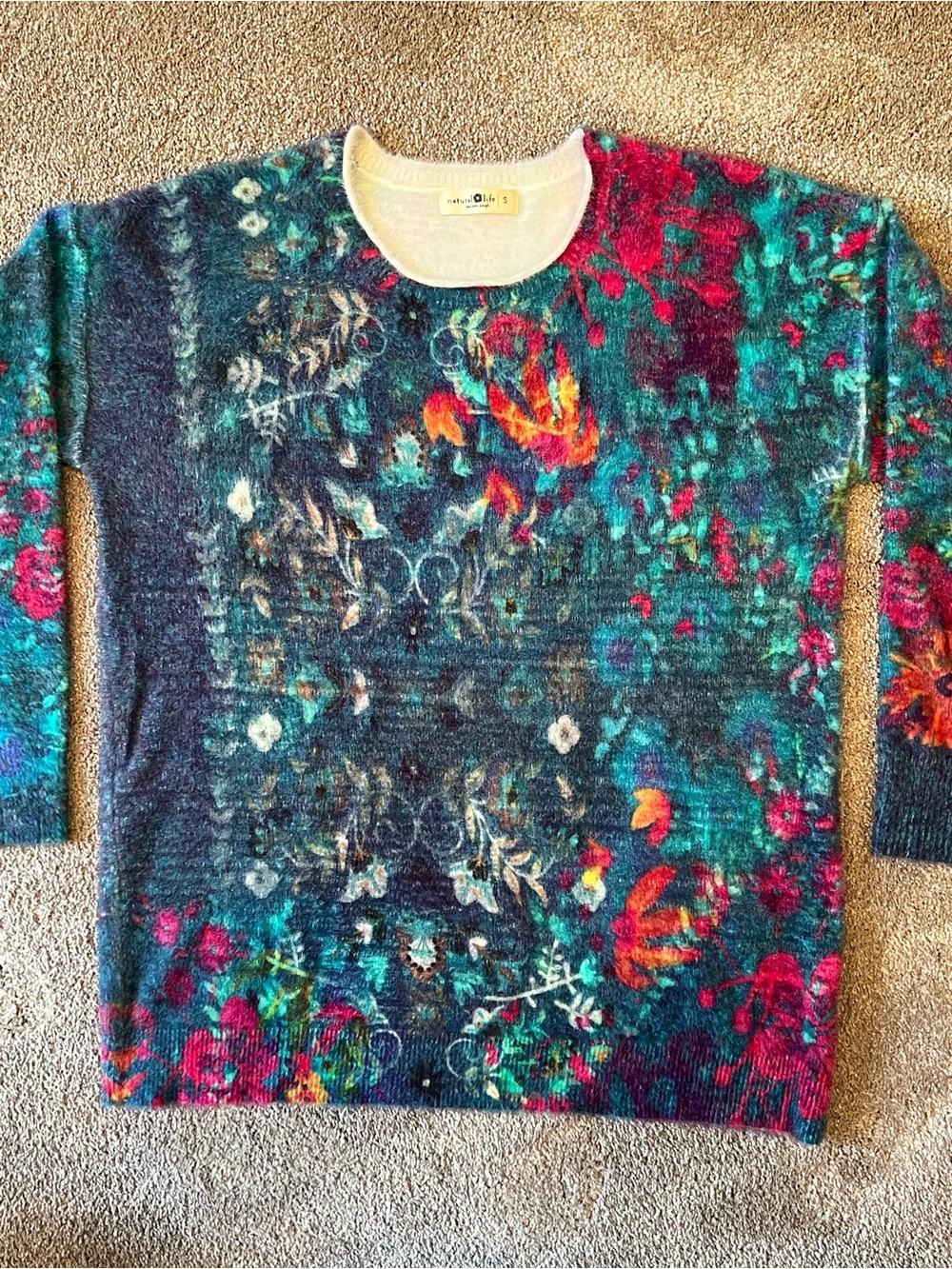NATURAL LIFE Teal Multi Floral Crewneck Tunic Oversized Sweater -Size S